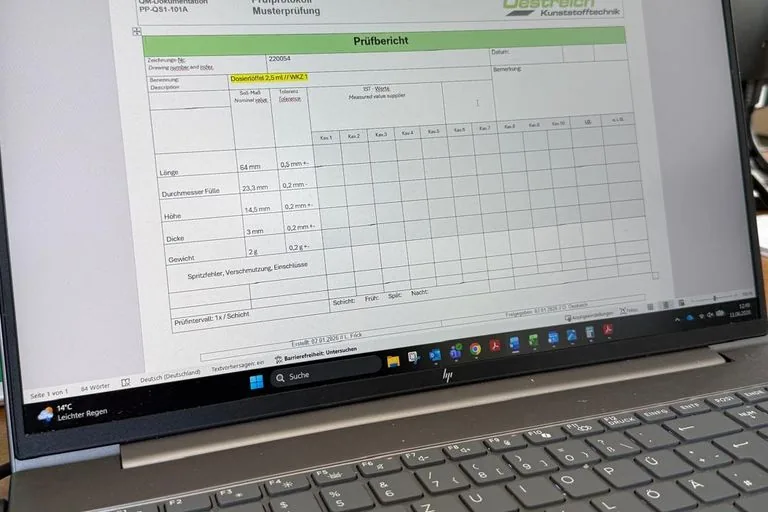 Prüfprotokoll für den Dosierlöffel 2,5 ml am Bildschirm